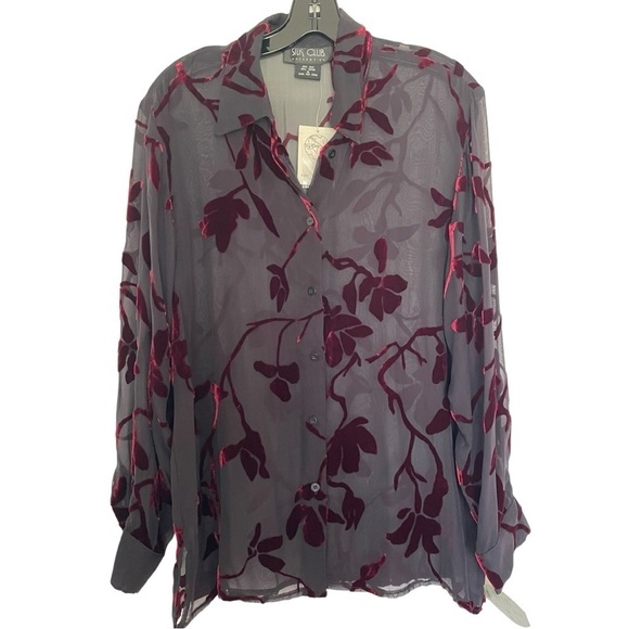 New Silk Club Burnout Red Velvet Button Down Blouse Black Pant Set Women M - Picture 3 of 8